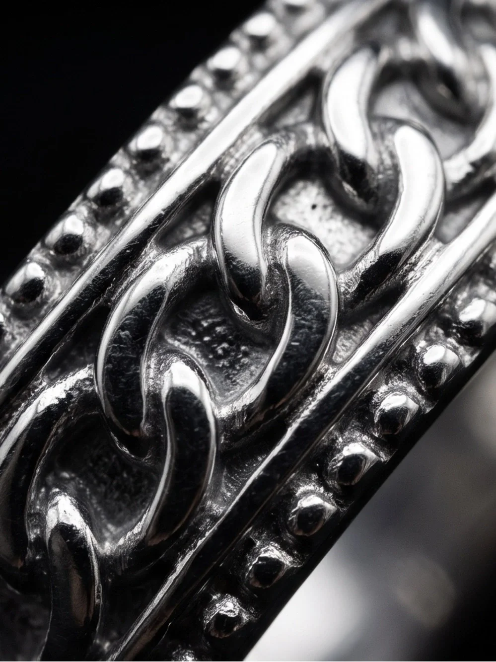 Men’s Silver Chain Detail Band Ring – Size 10 (Stainless Steel / Beaded Border)